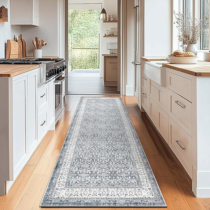 jinchan Hallway Runner Rug 2x10 - Machine Washable Grey Vintage Floral Distressed Design Soft Non-Slip Low-Pile Ultra-Thin Runner Rug for Kitchen Laundry Room Bedroom Farmhouse (2‘x10',Grey)-CubbioJoy