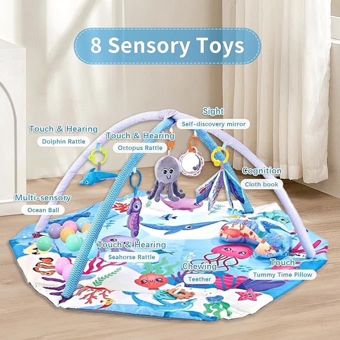 Baby Play Gym Mat,10-in-1 Tummy Time Mat,Sea World Baby Play Mat Activity Gym,Washable Foldable Baby Floor Play Mat for Infants and Toddlers from 0-6-12 Months Newborn Sensory Motor Skill Development-CubbioJoy