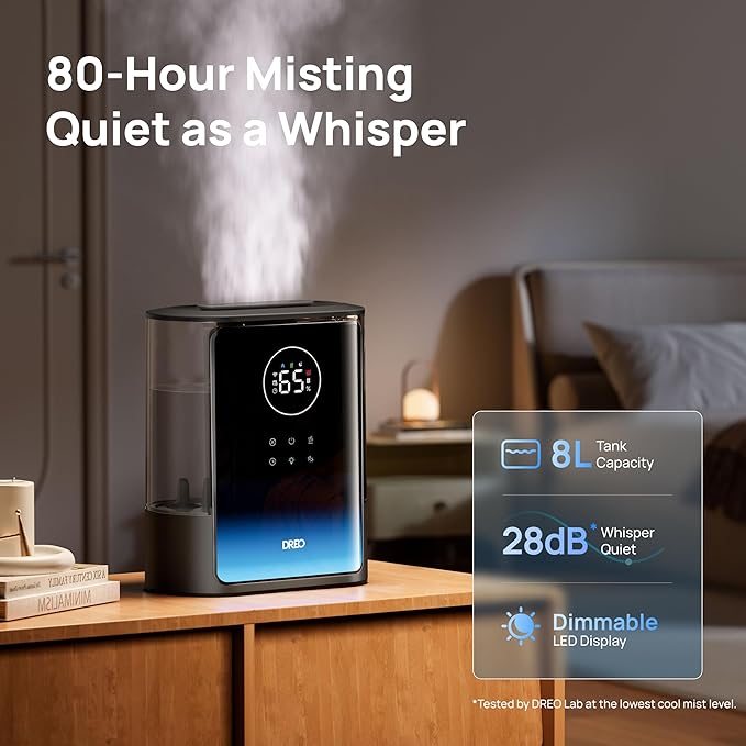 Dreo 8L Smart Humidifiers for Bedroom 600ft², 80H Runtime Warm&Cool Supersized Mist Humidifier for Large Room Indoor, Quiet Whole House humidifier for Baby, Plants, with Alexa/Google, Black, HM717S-CubbioJoy