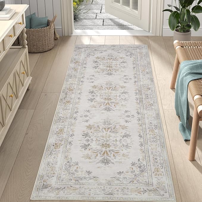 jinchan Hallway Runner Rug 2x8 Vintage Floral Distressed Design - Machine Washable Non-Slip Low-Pile Soft Thin Faux Wool Kitchen Carpet for Farmhouse Bedroom Laundry Room(2x8ft,Light Grey)-CubbioJoy