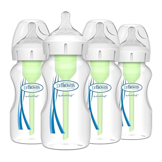 Dr. Brown's Natural Flow Anti-Colic Options+ Wide-Neck Baby Bottles 9 oz/270 mL,with Level 1 Slow Flow Nipple,4 Count,0m+-CubbioJoy
