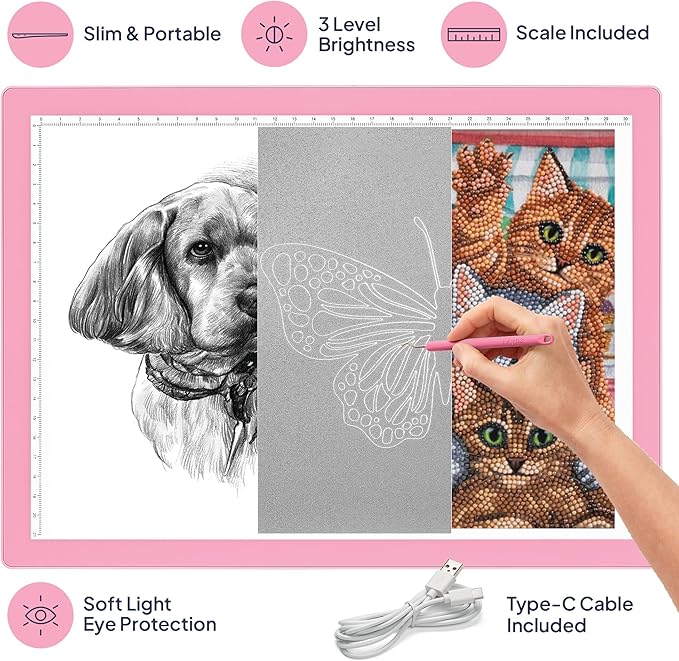 iVyne Corded Light Pad for Weeding Vinyl - A4 Light Box for Drawing - Light Board for Tracing - Light Box for Diamond Painting, Weeding Vinyl, Sketching, Tracing (Pink)-CubbioJoy