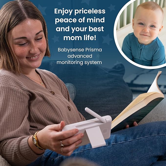Babysense Prisma Baby Monitor with Camera and Audio, 5” HD Video Baby Monitor with 2 Cameras, 6-Color Night Light, Split Screen, Sound Machine with White Noise & Lullabies, Secure No WiFi-CubbioJoy