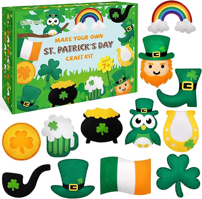 CiyvoLyeen St. Patrick's Day Craft Kids Sewing Kit Fun Saint Paddy's Day Felt DIY Craft Sewing for Girls and Boys Beginners Includes 12 Projects Clover Shamrock Ornaments Irish Education Gift Ideas-CubbioJoy