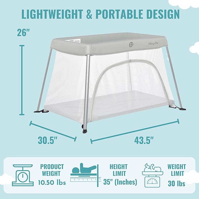 Dream On Me Travel Light Playard with Mesh Zipper Door in Grey-CubbioJoy