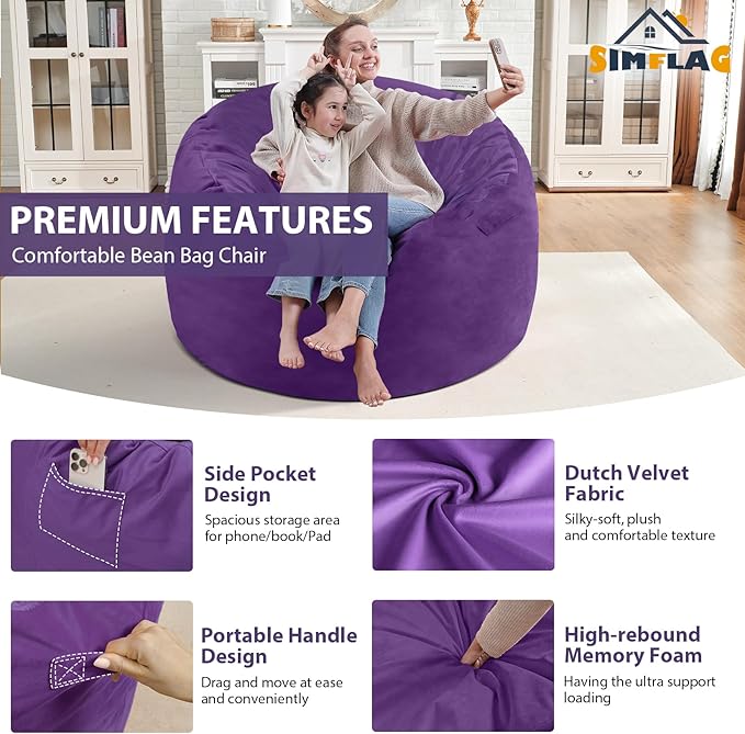 3FT Bean Bag Chair, Comfy Bean Bag Chairs with Memory Foam Filled, Fluffy Beanbag Sofa with Dutch Velvet Cover, Round BeanBag Chairs for Living Room, Playroom - Purple-CubbioJoy