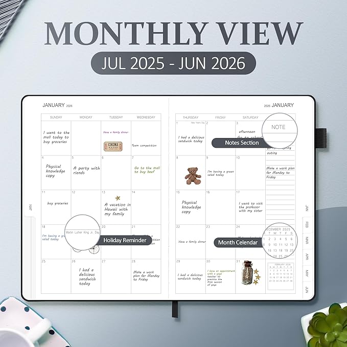 2025-2026 Planner for Women, Lather Weekly & Monthly Organizer, July 2025-June 2026, Hardcover with Gold Foil, Tabs, and Inspirational Pages - Ideal for Professionals, Black-CubbioJoy