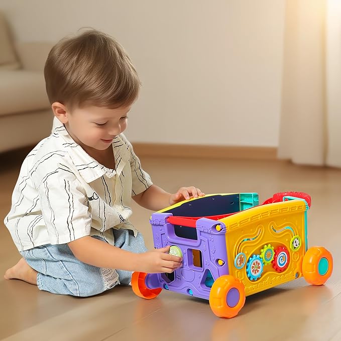 Interactive Learning Push Walker Toy for Toddlers, Musical Activity Wagon with Handle, Educational Rolling Cart with Blocks-CubbioJoy