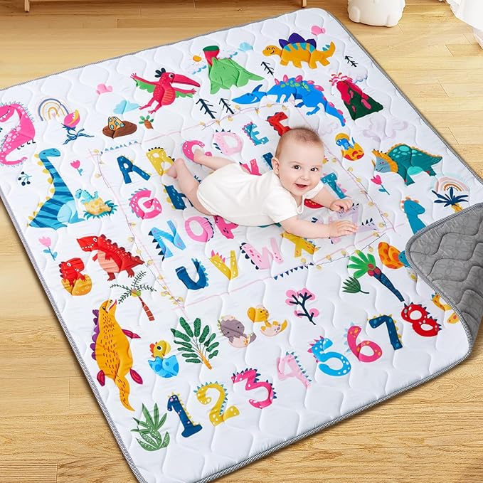 Baby Play Mat - Thicken 71x59 Inch Soft Foam Crawling Mat for Playpen & Floor, Non-Slip Waterproof Playmats for Infants & Toddlers, Portable Foldable & Machine Washable, Dinosaur & Letters-CubbioJoy