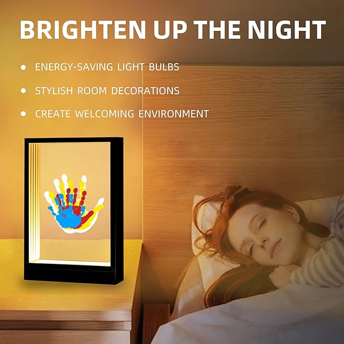 CHERRY CHEERS Family Handprint Kit with Light, Handprint Keepsake Frame, Wooden Led Light, Easy Install, No Need Screw etc, Non-Toxic Paints (Black)-CubbioJoy