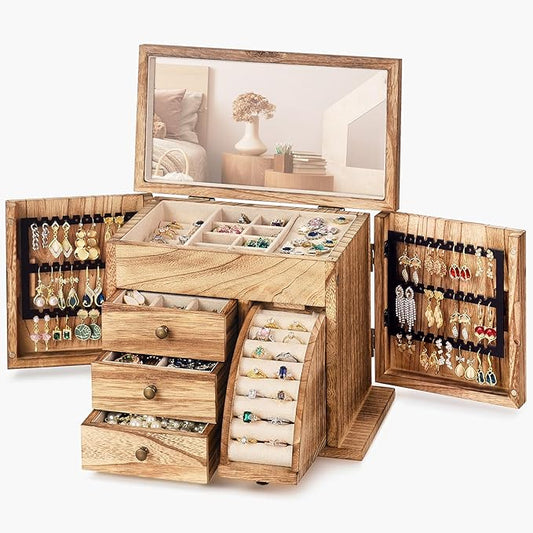 Jewelry Box Organizer, Solid Wood Jewelry Boxes fow Women with Mirror, Double Layer Jewelry Organizer Box Display Earring Necklace Bracelet Ring, Rustic Style Small Jewelry Box for Girls-CubbioJoy