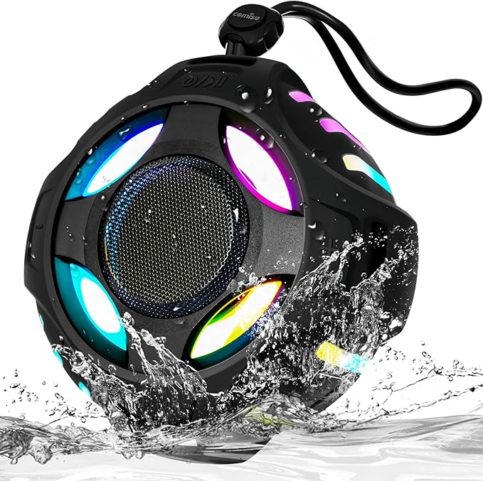 comiso Waterproof Speaker with Robust Bass, Shower Speaker with Dynamic Light, TWS Mode, Loud HD Sound, IP67 Waterproof, 2000mAh, Portable Wireless Speakers for Home, Outdoor/Kayak, Gift for Unisex.-CubbioJoy