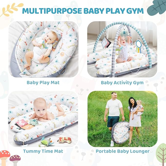 Baby Play Mat, 7-in-1 Tummy Time Activity Gym Mat, Washable Baby Lounger Nest, Portable Floor Seat for Home & Travel, Baby Essentials Gift for Infant Newborn 0-6-12-18 Months-CubbioJoy