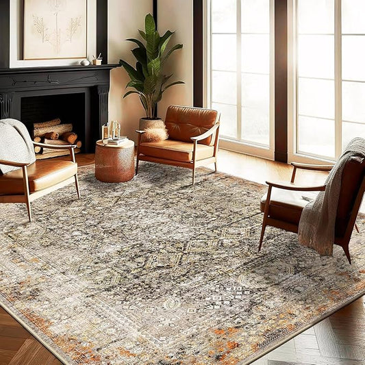 Area Rug 6'x9' Washable Vintage Traditional Floor Cover Thin Retro Kitchen Indoor Distressed Non Slip Carpet Floral Print Mat for Living Room Bedroom Dining Room-CubbioJoy