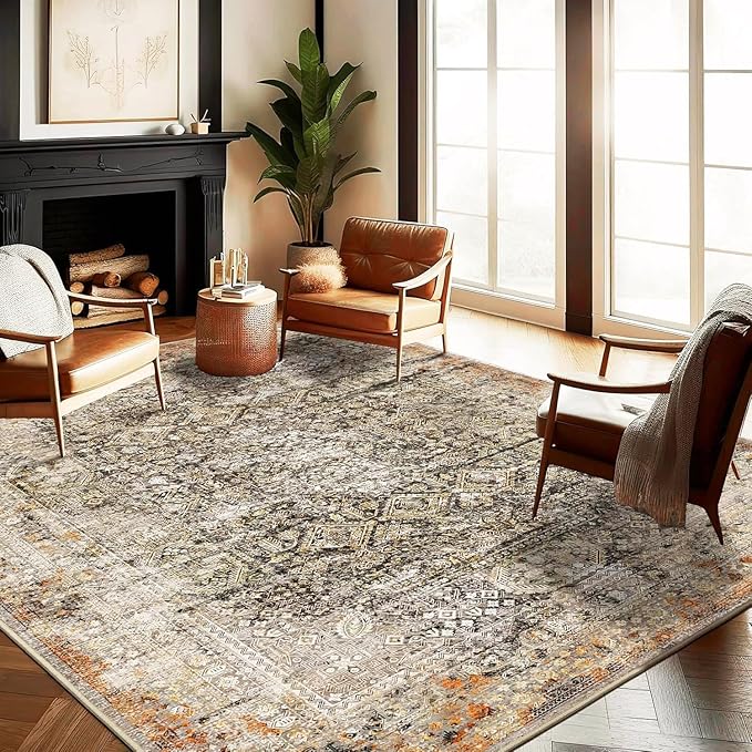 Area Rug 9'x12' Washable Vintage Traditional Mat Distressed Indoor Foldable Thin Retro Accent Floral Print Non Slip Carpet for Living Room Dining Room Office Large Rugs-CubbioJoy