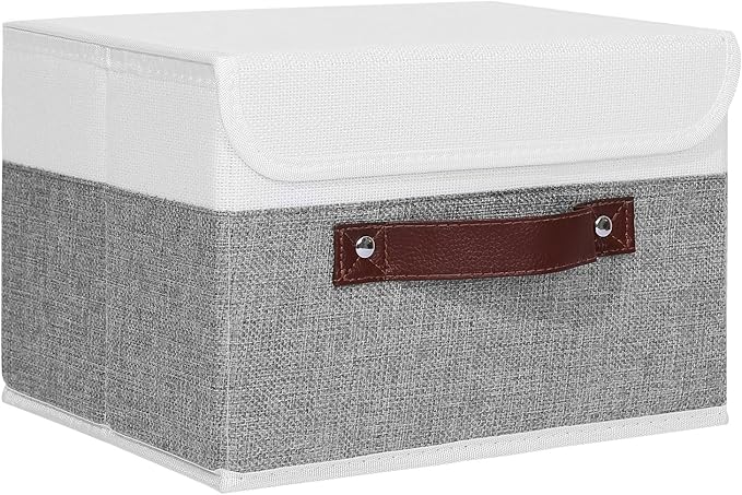ANMINY Storage Boxes with Lids Washable Decorative Storage Bins Basket with PU Leather Handle Foldable Linen Fabric Storage Cubes Containers for Home Closet Organizer - Gray White, Small Size-CubbioJoy