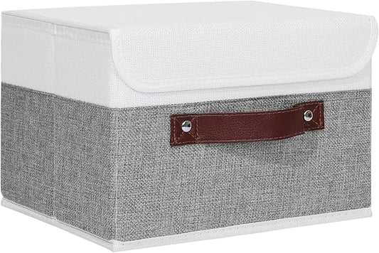ANMINY Storage Boxes with Lids Washable Decorative Storage Bins Basket with PU Leather Handle Foldable Linen Fabric Storage Cubes Containers for Home Closet Organizer - Gray White, Small Size-CubbioJoy