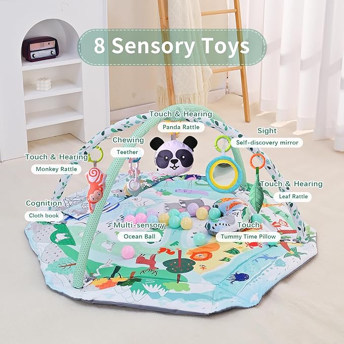 Baby Play Gym & Activity Mat,10-in-1 Tummy Time Mat,Panda Washable Baby Playmat with Detachable Toys,2 in 1 Baby Mat & Fence for Sensory Exploration and Motor Skill Development at Different Stages-CubbioJoy