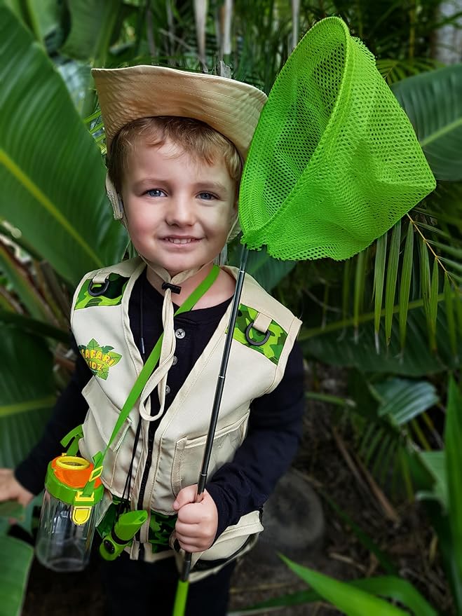 Bug Hunting Kit, Green Safari Vest, Hat, Binoculars, Lg. Butterfly Net, Bug Container, Whistle, Flashlight, Magnifier, Thermostat, Compass, Age 3+-CubbioJoy