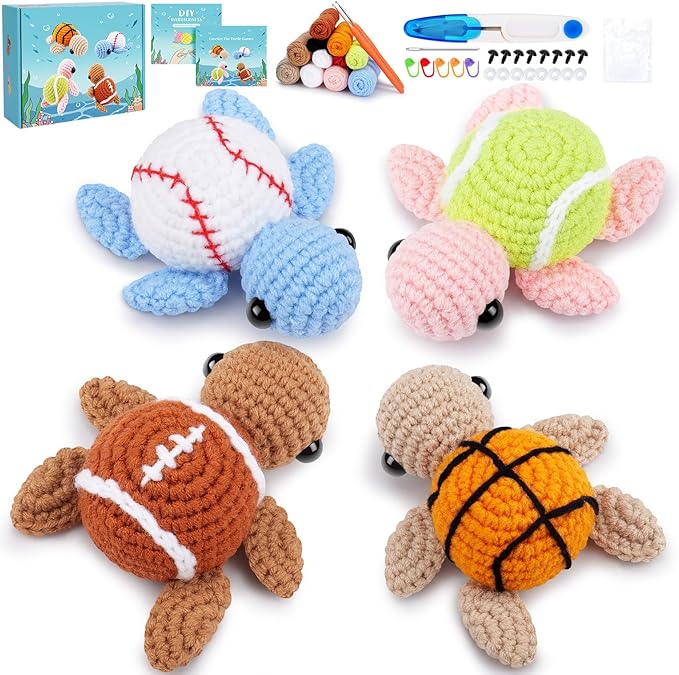 Crochet Kit for Beginners -4 PCS Turtle Crochet Kit with Step-by-Step Video Tutorials, Beginner Crochet Kits for Adults, Animal Crochet Turtle Ball Games Set-CubbioJoy