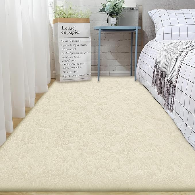2x6 Runner Rug for Bedroom: Fluffy Shag Soft Washable Rugs Small Fuzzy Plush Indoor Carpet for Hallway Bedside Dorm Kids Girls Boys Room (Cream White, 2'x6')-CubbioJoy
