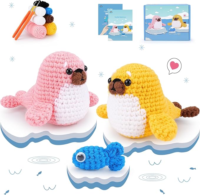 Crochet Kit for Beginners - Seal Crochet Kits with Step-by-Step Video Tutorials, Beginner Crochet Kit for Adults Kids, Crochet Animal Kit, 2 PCS Seals with a Fish Crocheting Set-CubbioJoy