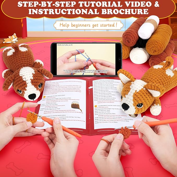 Crochet Kit for Beginners, 2 Adorable Corgi Dog Crochet Animals Kits, Easy Beginner Crochet Kit for Adults & Kids, Women & Men, DIY Craft Knitting Kit with All Supplies-CubbioJoy