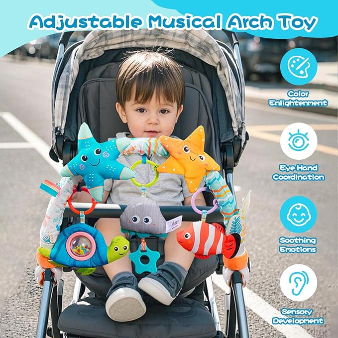 Jollybaby Musical Bassinet Stroller Crib Mobile Toy for Baby 0-6-12 Months, Infant Clip On Arch Hanging Toy with Music, Montessori Sensory Nursery Mobiles Attachment Toy for Newborn Gift - Starfish-CubbioJoy