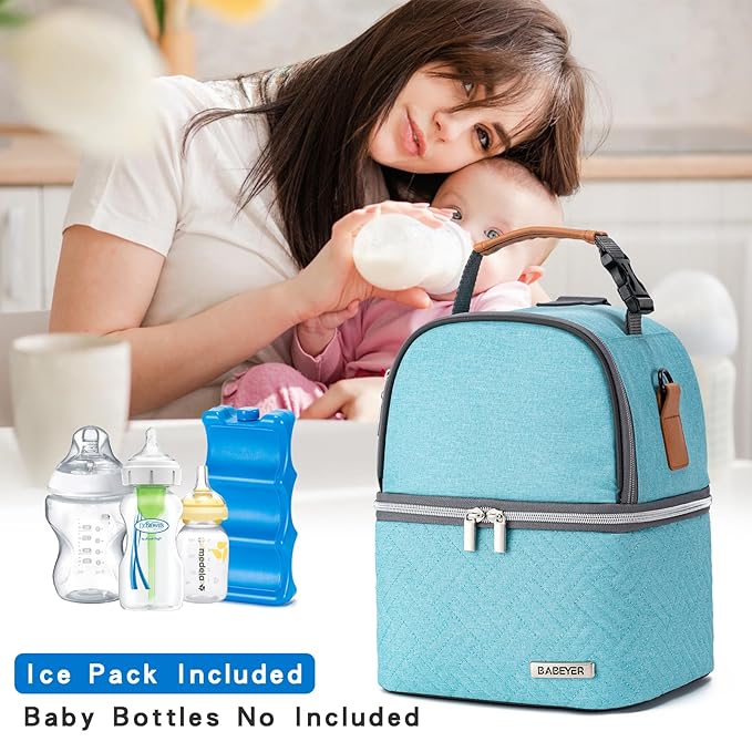 Breastmilk Cooler Bag with Ice Pack Fits 6 Baby Bottles up to 9 Ounce, Breast Milk Pump Cooler Bag with Shoulder Strap for Nursing Mom Daycare, Work, Travel- Lake Green-CubbioJoy