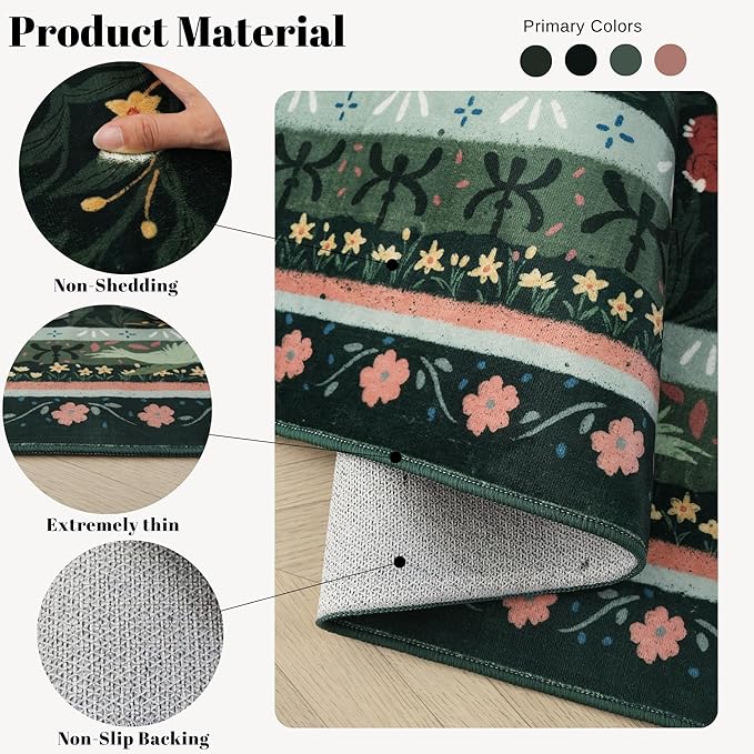 Bedroom Rug 3x5 Rug Washable Area Rug Non Slip Low Pile Vintage Floral Botanical Small Carpet for Bedroom, Bedside, Kitchen, Entryway, Kids Room, Office, Green-CubbioJoy