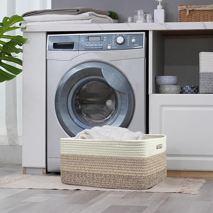 COMFY-HOMI Cotton Rope Woven Basket with Handles for Shelves,Toys,Book, Cloth Storage Baskets for Organizing-17" x 13" x 7.5" Toy Decorative Organizer for Living Room, Bathroom （white/3 brown）-CubbioJoy