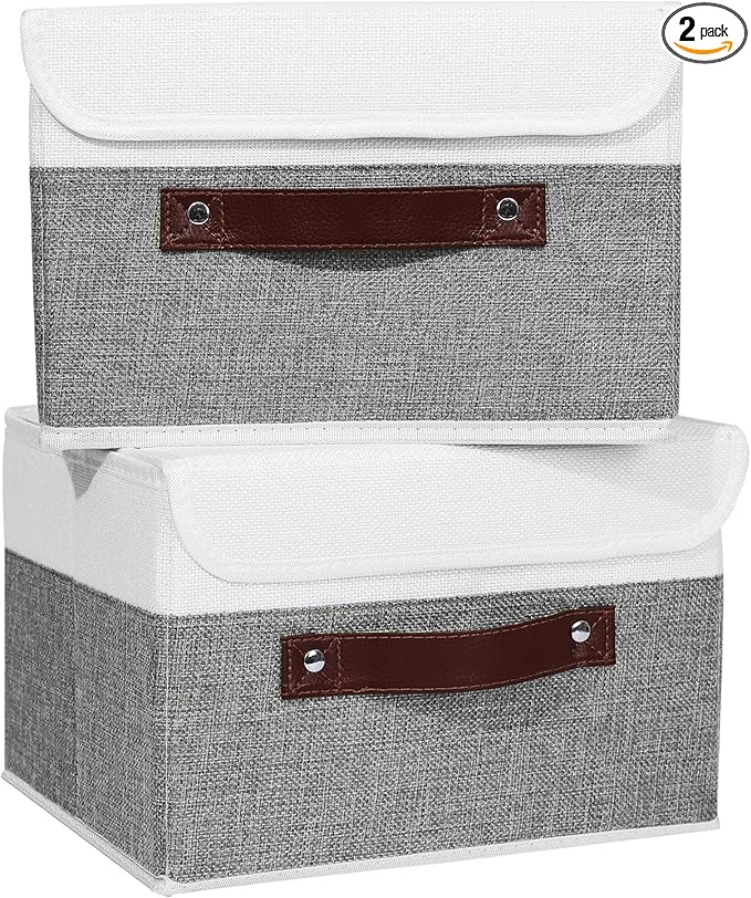 ANMINY 2PCS Storage Boxes with Lid Washable Decorative Storage Bins Basket with PU Leather Handle Foldable Linen Fabric Storage Cubes Containers for Home Closet Organizer - Gray White, Small Size-CubbioJoy