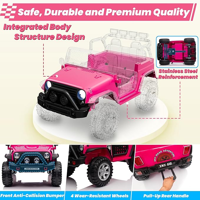 24V 4WD Ride on Truck Car w/800W Motors, Gift Flower, Remote Control, 2 Seaters, Light Bar, 3 Speeds, Pop Music, Power Four Wheels, 24 Volt Ride on Toy Car for Big Kids, Rose Red-CubbioJoy