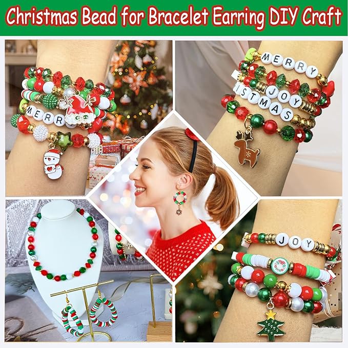 3140PCS Christmas Bracelet Making Kit, Christmas Beads Charms for Bracelets Jewelry Making Red Green Xmas Clay Acrylic Crystal Star Round Beads Letter Spacer Beads for Necklace Making DIY Crafts-CubbioJoy