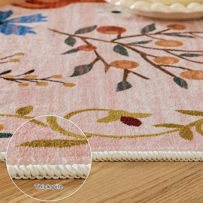 2x3 Washable Rug for Entryway, Floral Soft Small Area Rug, Non Slip Doormat Indoor Entrance Carpet, Flower Low Pile Front Door Throw Rug for Bedroom, Kitchen, Laundry, Bathroom, Pink/Beige-CubbioJoy