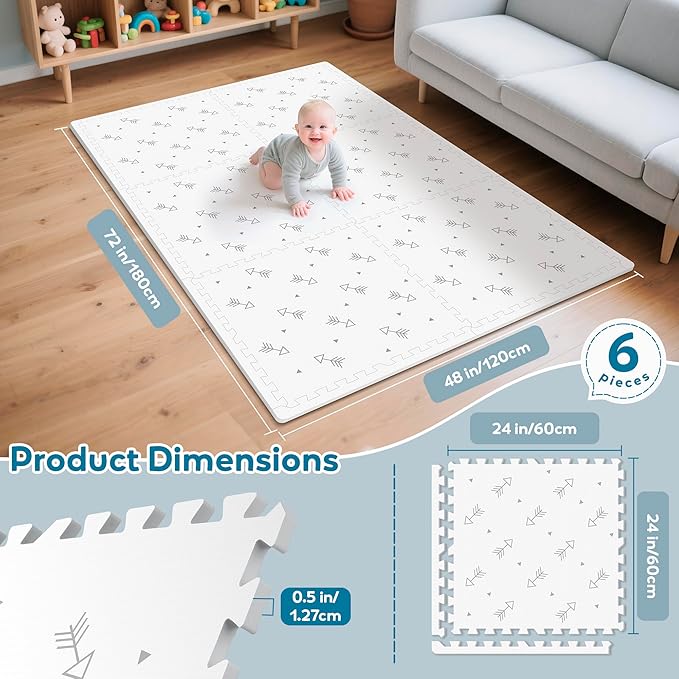 Baby Foam Play Mat-72”x 48” Baby Playmat,6-Piece Interlocking Foam Floor Tiles,Puzzle Mat for Infants and Toddlers,Waterproof Crawling Mat,Non Toxic Play Mat for Baby Tummy Time Mat(Arrow)-CubbioJoy