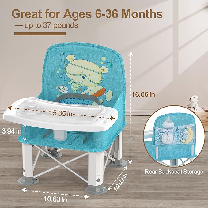 Baby Travel Booster Seat with Double Tray, BabyBond Upgraded Toddler Portable Baby Chair, Booster Seat for Dining Table, Stable and Foldable Booster Baby Chair for Indoor/Outdoor (Blue Sea World)-CubbioJoy