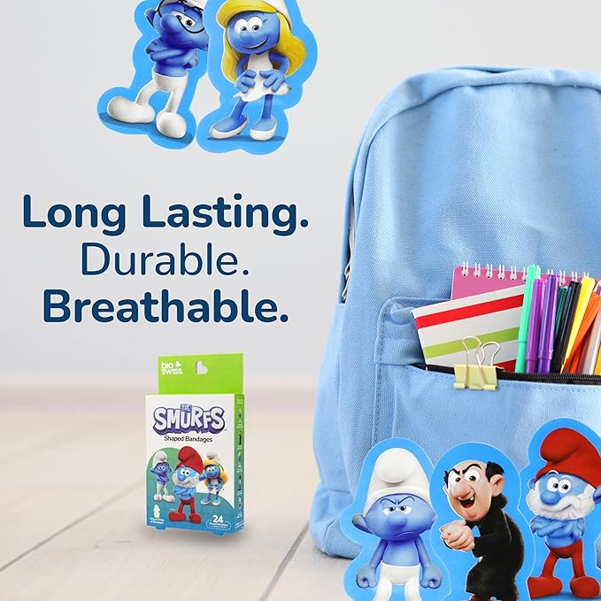 BioSwiss Bandages, The Smurfs in 3D Shaped Self Adhesive Bandage, Latex Free Sterile Wound Care, Fun First Aid Kit Supplies for Kids and Adults, 24 Count Box-CubbioJoy