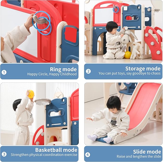 12 in 1 Toddler Outdoor Playset with Swing, Indoor Swing and Slide Set Playground for Toddlers 1-3, Durable Climber Basketball Hoop Ball Toddler Indoor Playset for Home Playground - Red Blue