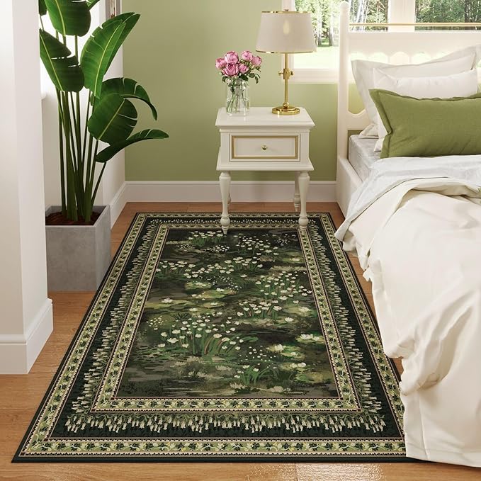 3x5 Washable Rug Impressionist-Style Vintage Non Slip Low Pile Small Carpet for Bedroom Bedside Kitchen Entryway Kids Room Office College Dorm Essentials for Girls, Green-CubbioJoy