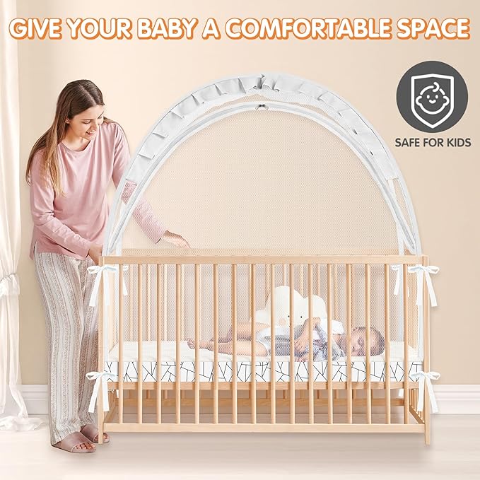 Crib Tent to Keep Baby from Climbing Out - Crib Net to Keep Baby in - Pop Up Breathable Cribs Cover - Canopy with Upgrade Strong Mesh and Durable Zipper (White - Lines, Lager)-CubbioJoy