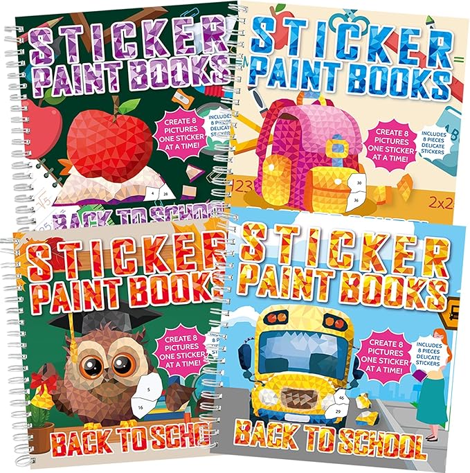 4Pcs Back to School Paint by Sticker Books Sticker by Number Books Activity Book Puzzle Book Craft Art Gift School Bus Apple Owl Alarm 32 Pictures-CubbioJoy