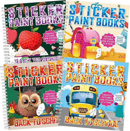 4Pcs Back to School Paint by Sticker Books Sticker by Number Books Activity Book Puzzle Book Craft Art Gift School Bus Apple Owl Alarm 32 Pictures-CubbioJoy