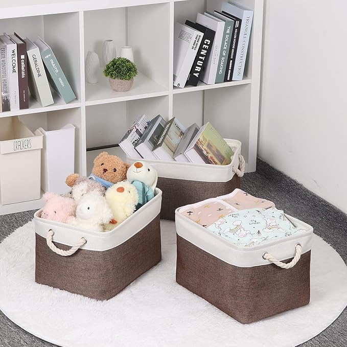 Bidtakay Baskets Fabric Storage Bins for Shelves [3-Pack] Decorative Storage Baskets for Organizing 15 X 11 X 9.5 inches Nursery Closet Foldable Toy Storage Closet Organizer Brown-CubbioJoy
