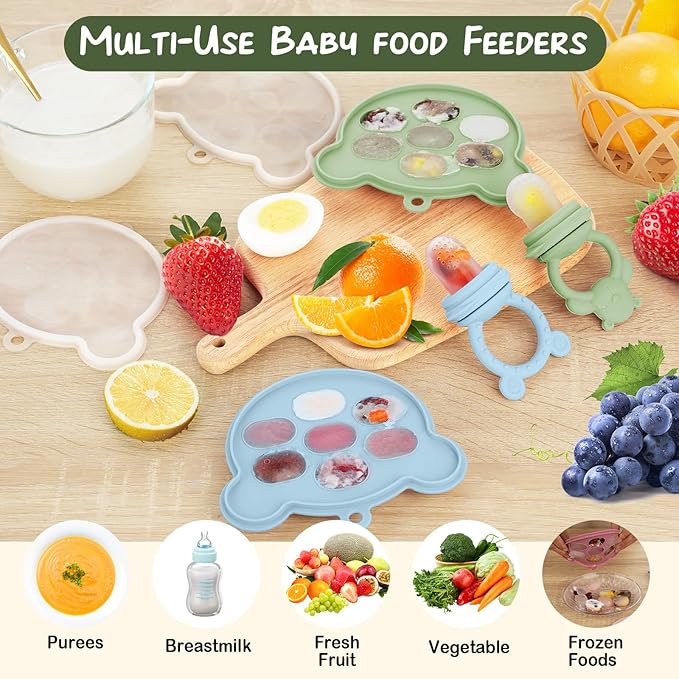 Baby Breastmilk Popsicle Molds & Baby Fruit Feeder (6 Pack), WAJIAYON Baby Food Freezer Tray Storage Containers, Silicone Teething Pacifier Feeder and Teether for Babies,Moss and Fawn Baby Feeder-CubbioJoy