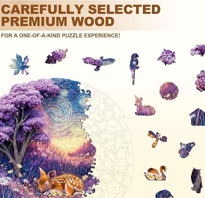 Jigfoxy Wooden Puzzles for Adults, Starry Night Fawn Wood Puzzles Adult, Unique Animal Shape Wooden Jigsaw Puzzles for Adults, Birthday Gifts for Puzzle Lovers, Family, Friend (S-8.5 * 8.5in-100pcs)-CubbioJoy