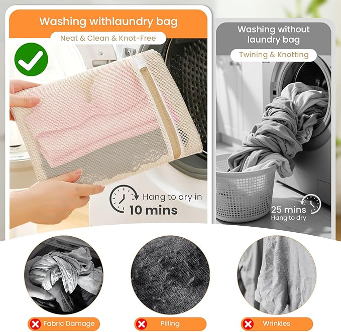 4Pcs Cotton Mesh Laundry Bags for Delicates,Breathable Mesh Garment Bag for Washing Machine,Travel Wash Bags with Zipper for Bras,Underwear,Socks,Baby Clothes,Laundry Dorm Room Essentials(M)-CubbioJoy
