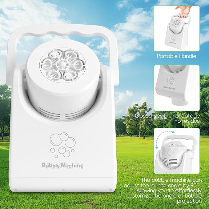 Bubble Machine Automatic Bubble Blower for Kids Batteries Operated Portable Bubble Maker Electric Bubble Machine Adjust Angle by 90° Indoor Outdoor Toy for Birthday Party Wedding (Portable White)-CubbioJoy