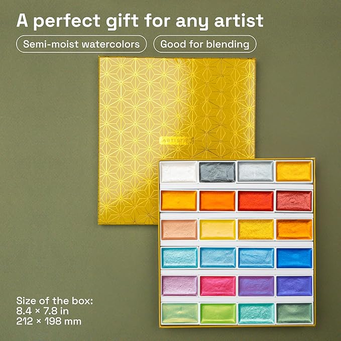 ARTISTRO Professional Metallic Watercolor Paint Set for Adults - 24 Pigment-Rich Colors, XL Pans, ASTM-I Lightfastness, High Tinting Strength Watercolor Set for Professionals made by professionals-CubbioJoy