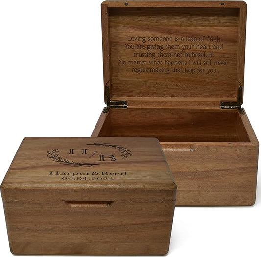 Customized Wedding Memory Box Small - Acacia Wood Engagement Gift Boxes for Couples, Keepsake Box Wedding Personalized, Custom Gift for 5 Year Marriage Anniversary Time Capsule, 8x6x4 in-CubbioJoy